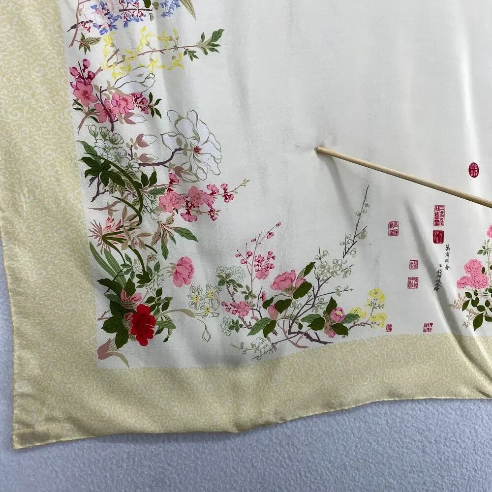 MUSEUM OF FINE ART Scarf 100% Silk Hand Rolled Floral Square Yellow VTG 32x32